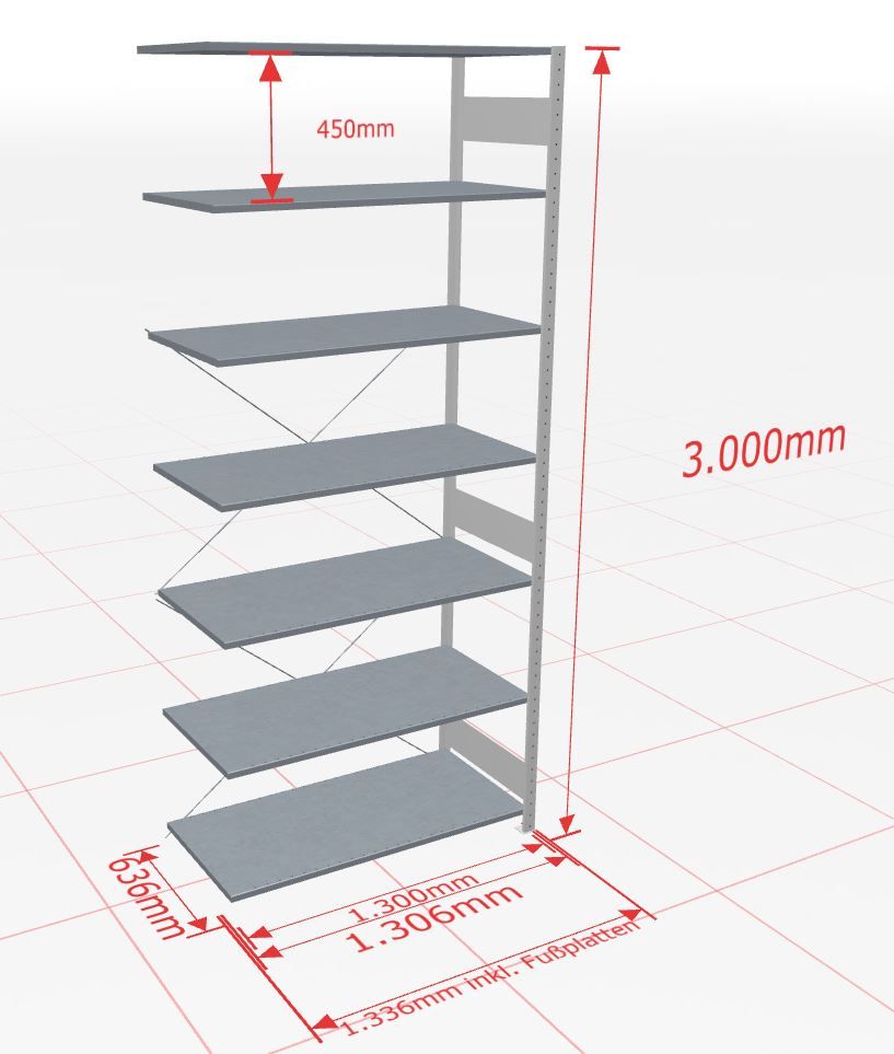 Aanbouwstelling | H: 3000 D: 600 B: 1300 mm | 7035 | 150 kg