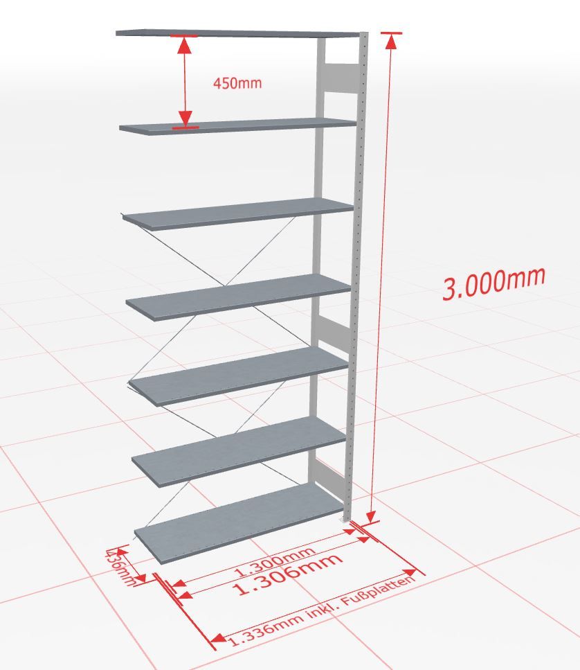 Aanbouwstelling | H: 3000 D: 400 B: 1300 mm | 7035 | 150 kg
