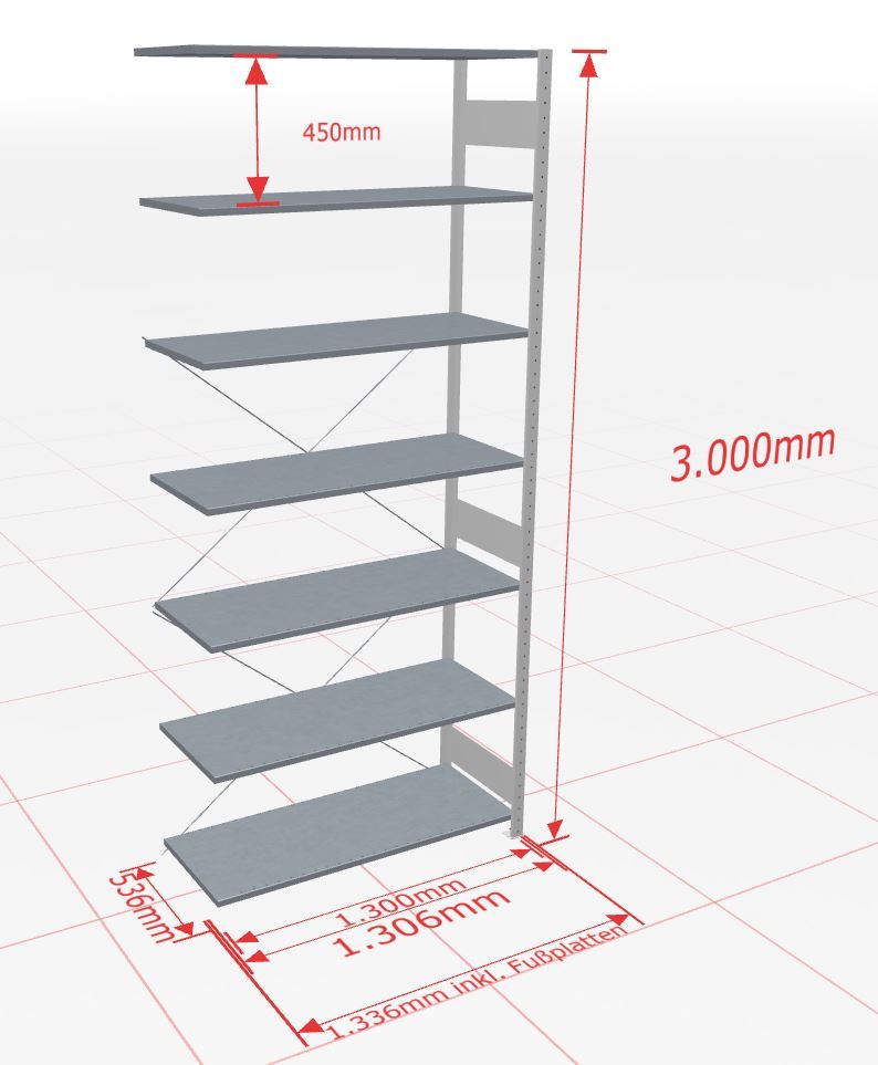 Aanbouwstelling | H: 3000 D: 500 B: 1300 mm | 7035 | 150 kg