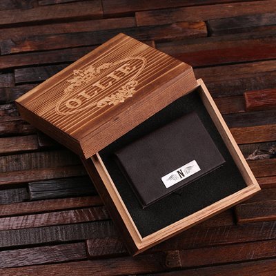 Personalized Leather Business Card Holder with Wood Gift Box (Item#2006)
