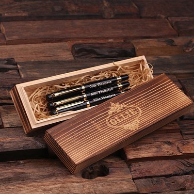 Personalized Set of 3 Metal Pens Gold or Silver Hardware with Wood Gift Box (Item#2007)