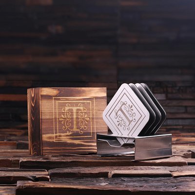 Personalized Stainless Steel Square Coasters with Wood Gift Box (Item#2008)