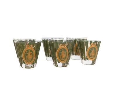Mid Century Modern Set of 6 Green and Gold Double Shot Glasses