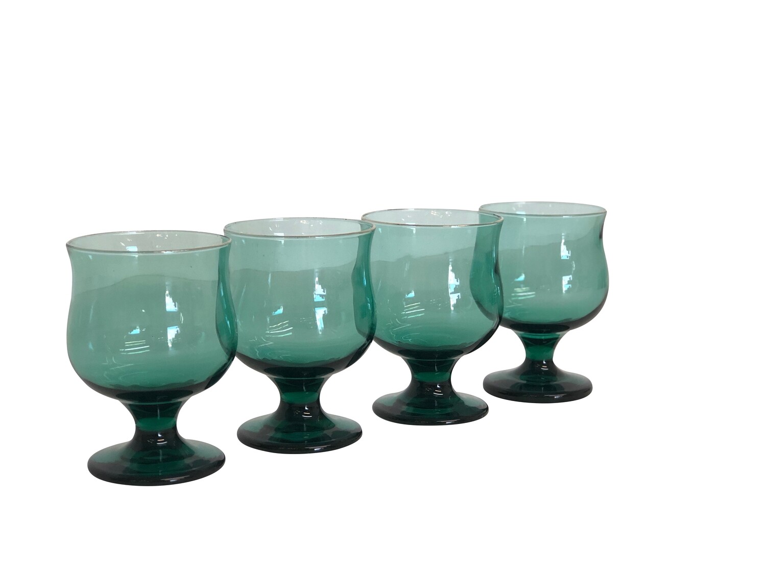 Mid Century Modern set of 4 Footed Glasses in Green with Gold Trim