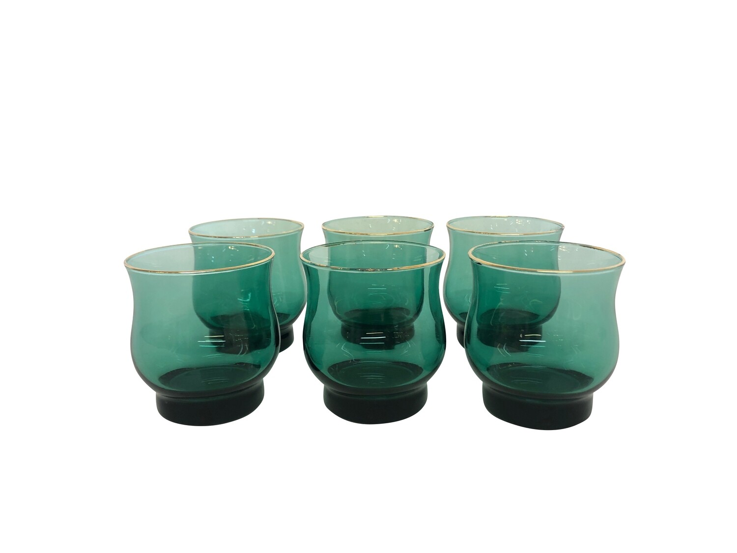Mid Century Modern Set of 4 Rocks Glasses in Green with Gold Trim