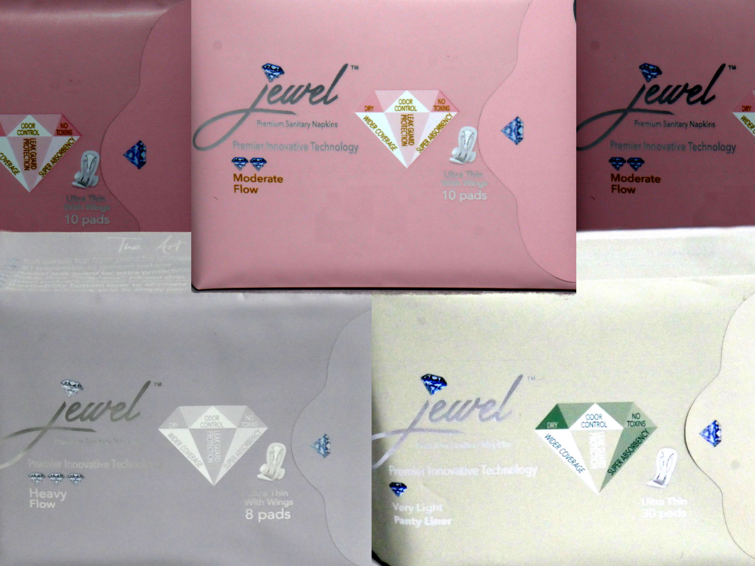 ​JEWEL PADS: TRIO PACK
3 PACKS: 1 PACK OF PANTY LINERS, 1 DAY PACK, 1 NIGHT PACK