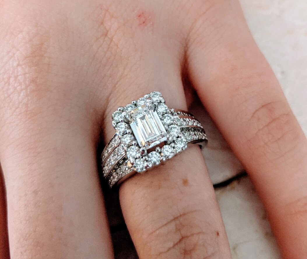 2.03 Carats Total Diamond Emerald Cut Engagement Ring 14k White Gold Sz 5.75