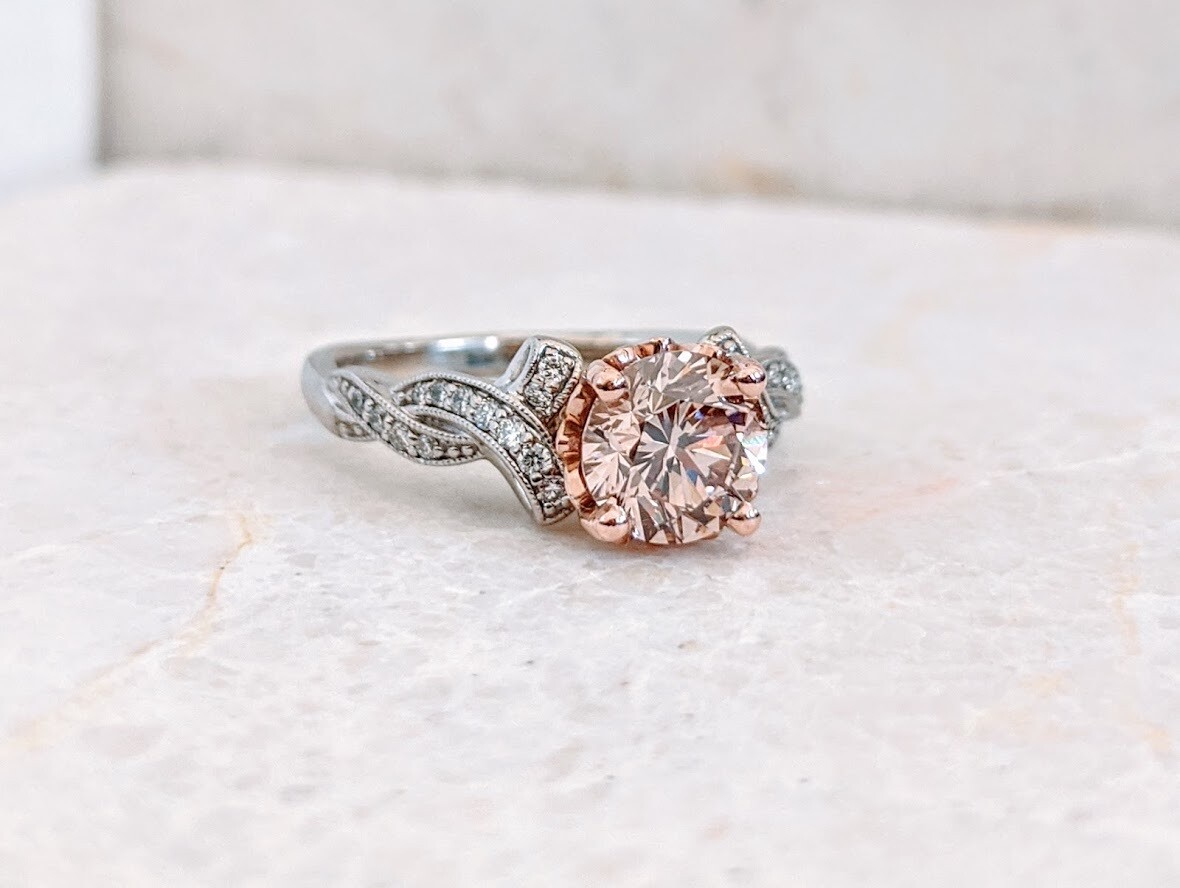 1.50 Carat Pink Champagne Diamond in 14k White Gold Setting by Designer Gabriel and Co Sz 7