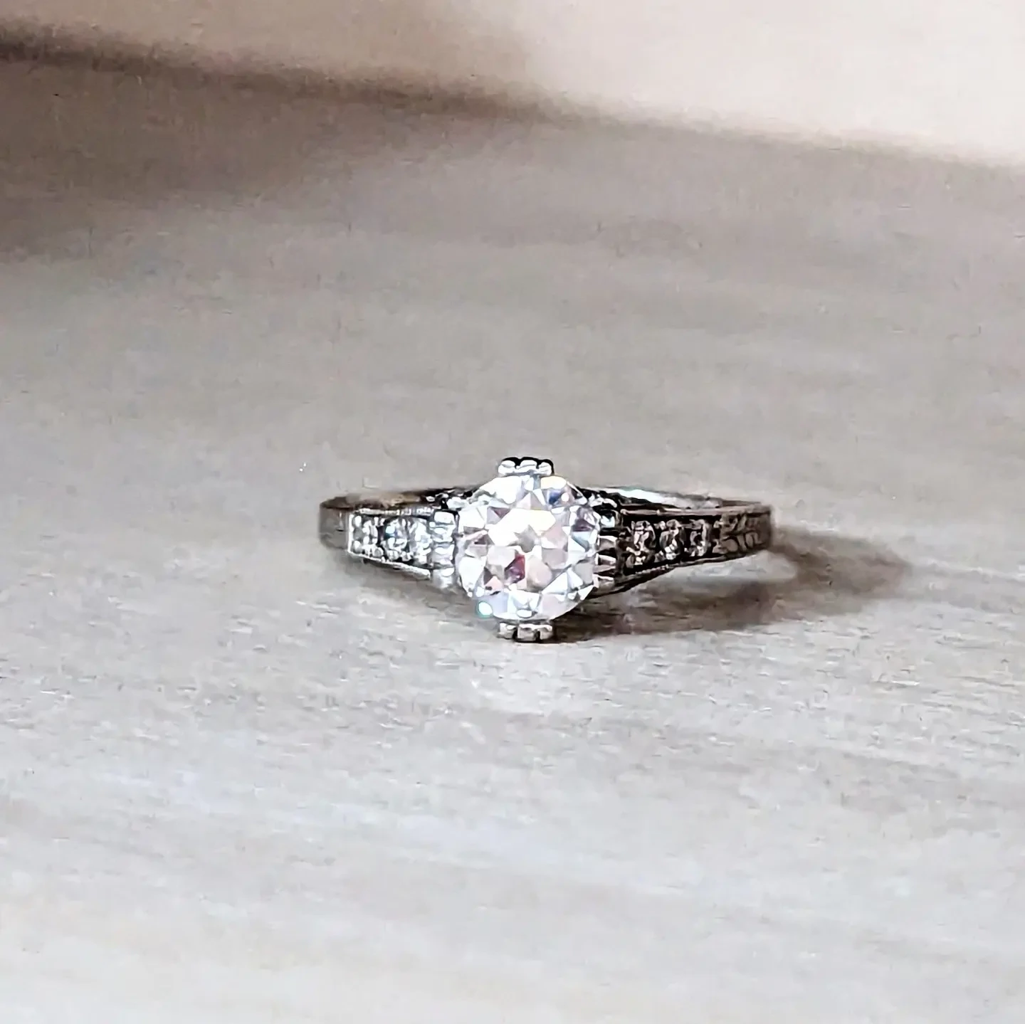 3/4 Moissanite Old European Cut in Authentic Vintage White Gold Setting Sz 5.75