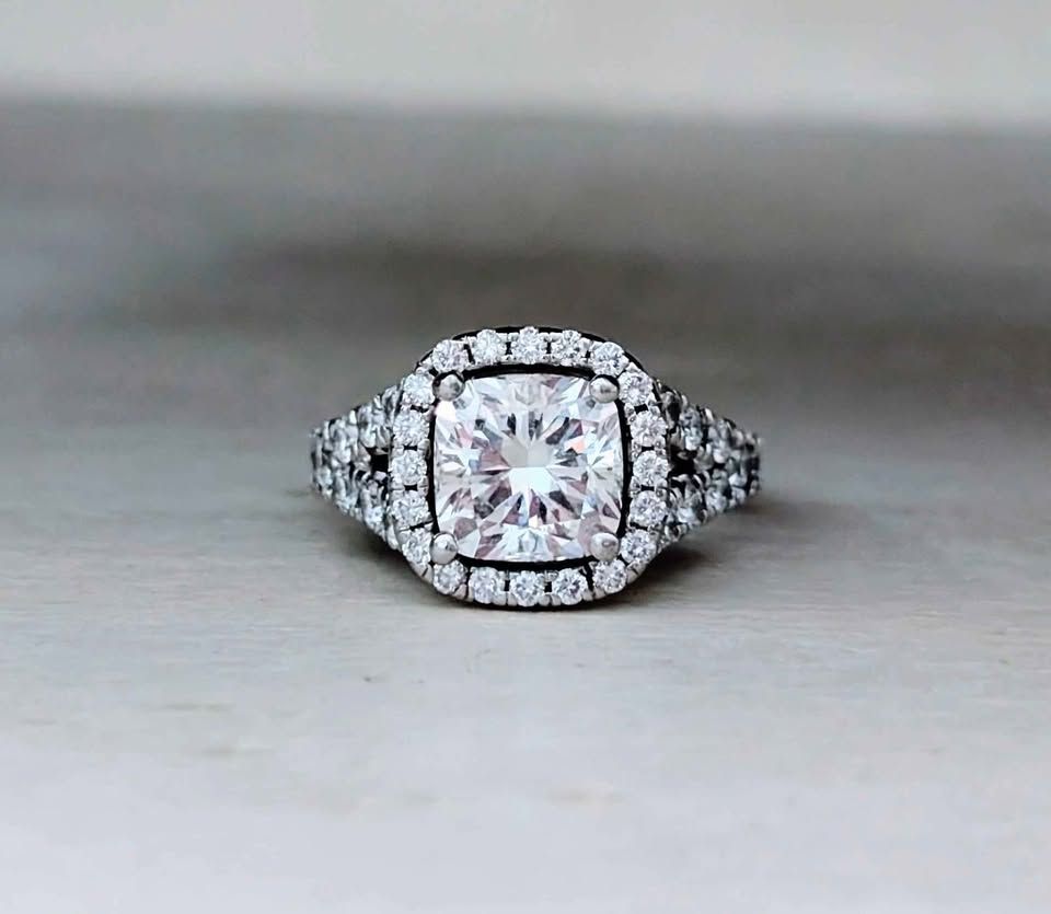 High End Designer Cushion Cut Diamond Halo Ring By Martin Flyer in 14k White Gold Size 6