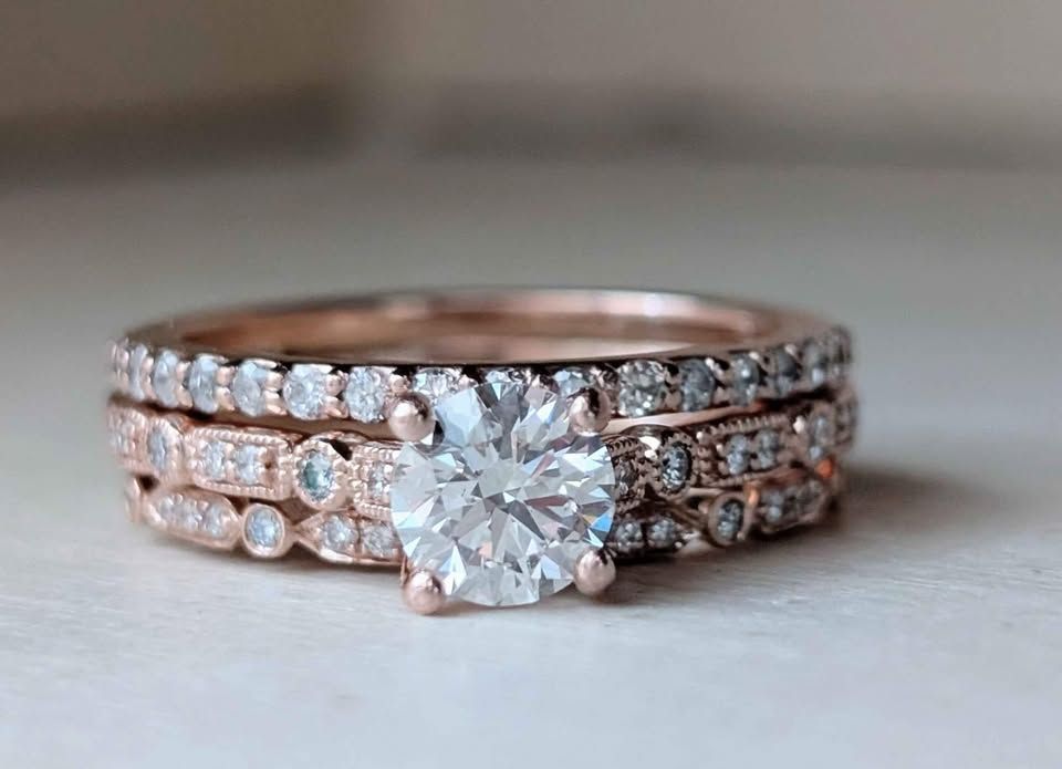 1.5 Carat Rose Gold Triple Band Wedding Set Size 7.25