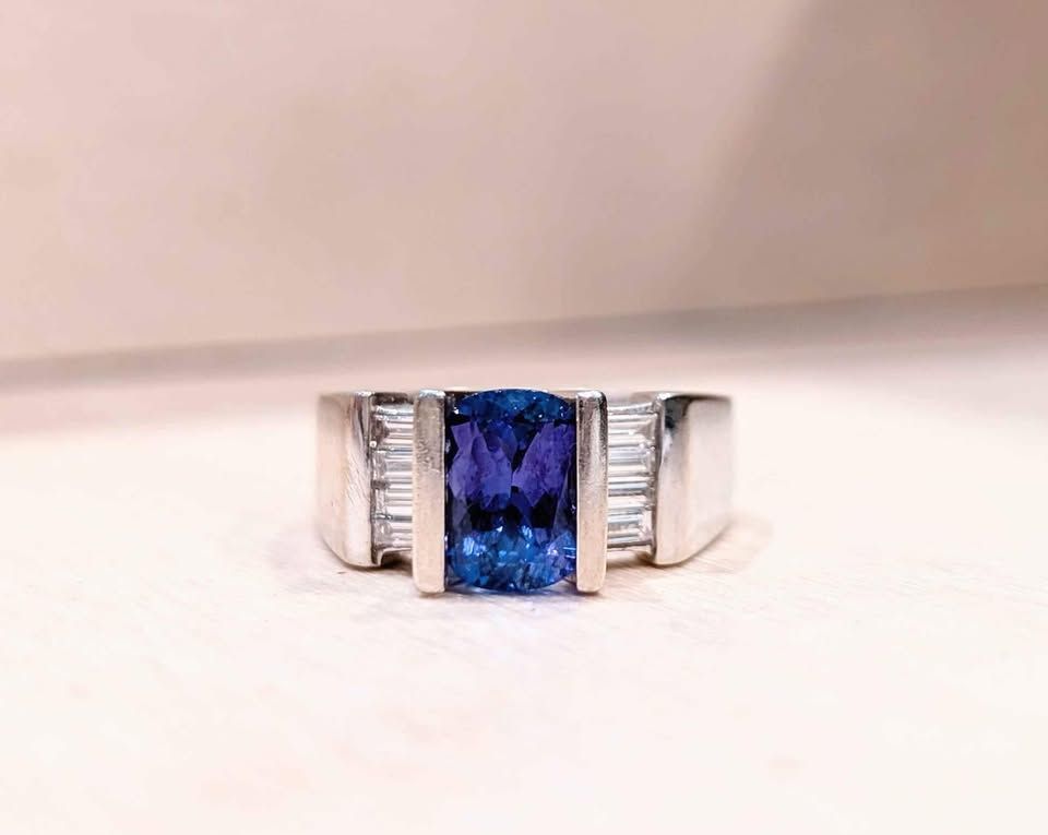 Stunning Tanzanite and Diamond Designer 18k White Gold Ring