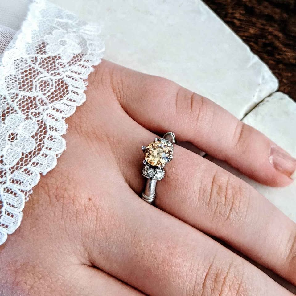 3/4 Ct Old European Cut Champagne Moissanite Accented by 1/3 Ct Natural Diamonds in 18k White Gold