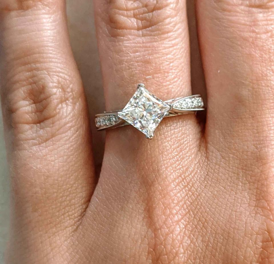 Simon G Platinum Engagement Ring, 1.25 ct Princess Cut Moissanite, 0.20 ct Natural Diamond Sz 6.75