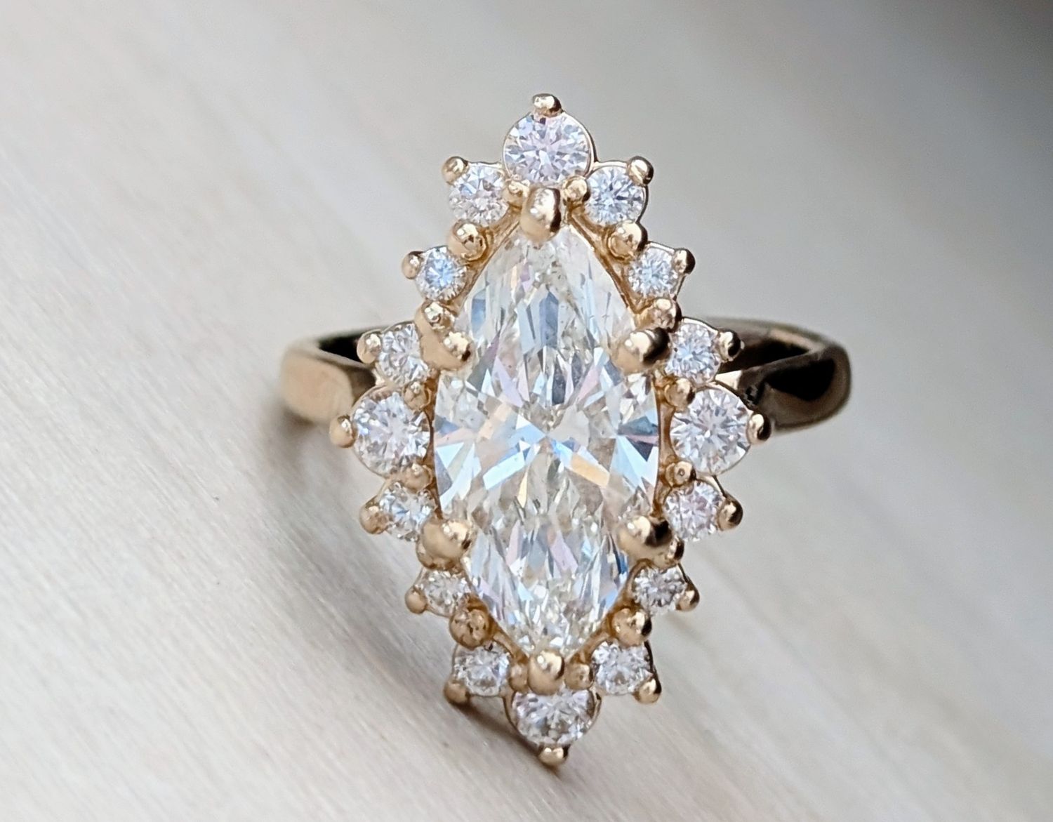 Stunning Marquise Halo Diamond Ring in Yellow Gold Halo Lab Grown