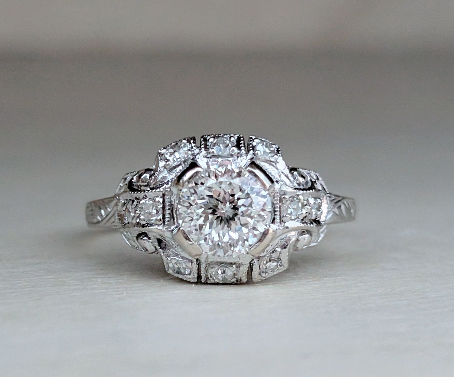 Portuguese Cut Diamond Vintage 18k White Gold Setting Engagement Ring Size 5.5