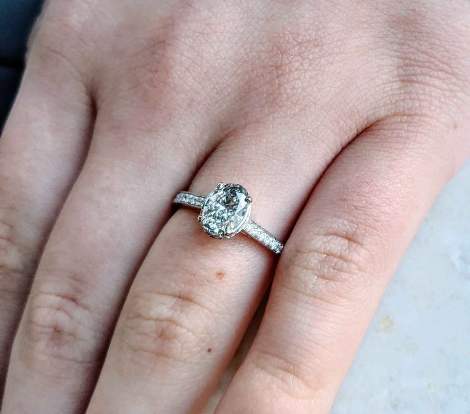 0.79ct Oval Diamond Lab Center, Natural Side Diamonds Hidden Halo White Gold Engagement Ring