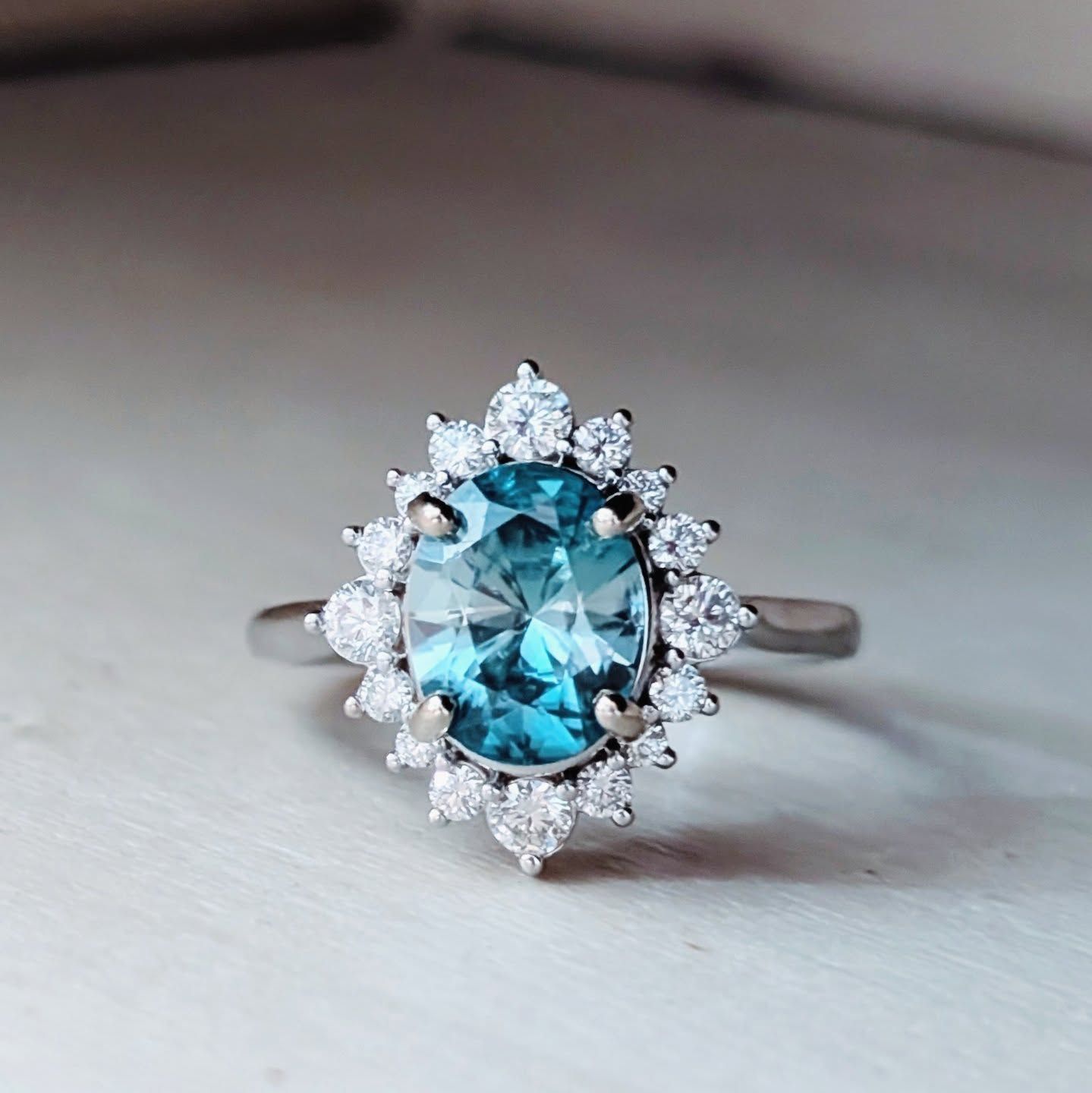 Natural Blue Zircon Ring In White Gold Size 8.25