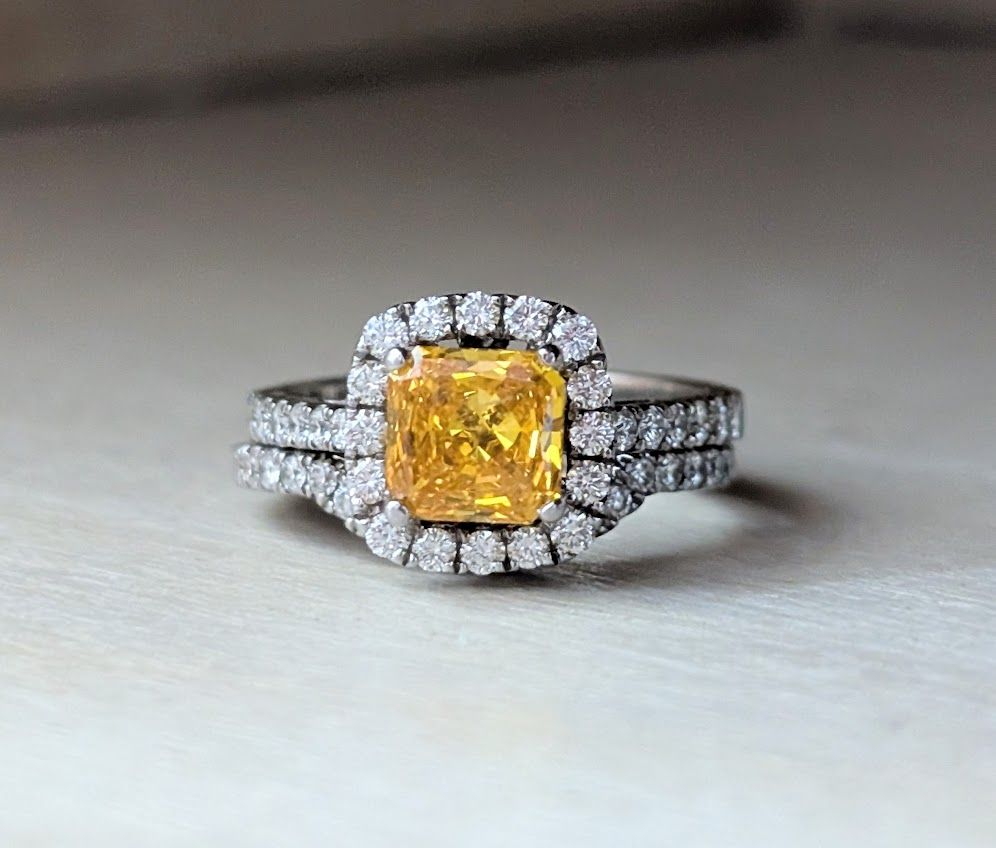 1.70 Ct Fancy Vivid Yellow Diamond Wedding Set 18k White Gold Sz 5