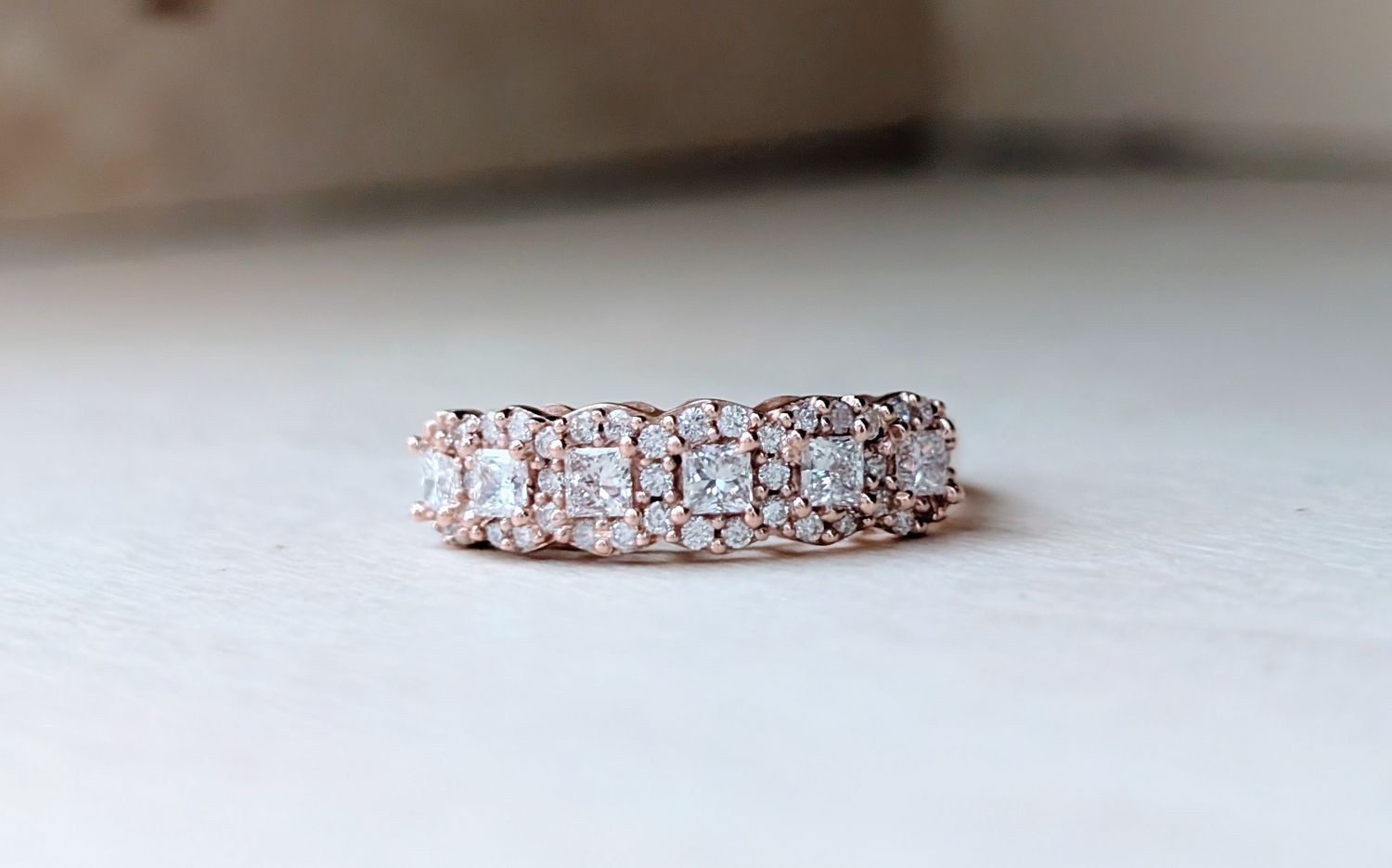 Overlapping Halo Princess and Round Rose Gold Wedding or Anniversary Band in 14k Rose Gold Size 7