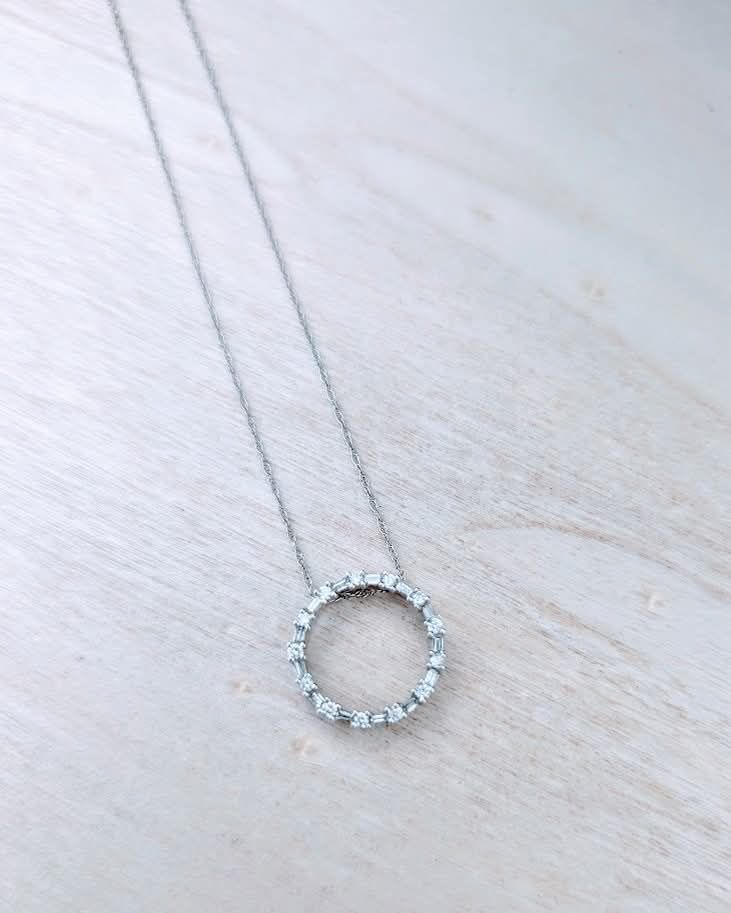 Natural Diamond Round and Baguette Circle Necklace in 14k White Gold