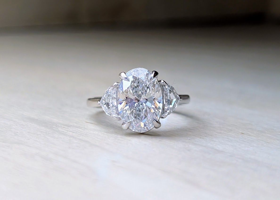3 Carat Oval, Cadillac Accented Three Stone Diamond Ring in 14k White Gold, Size 7