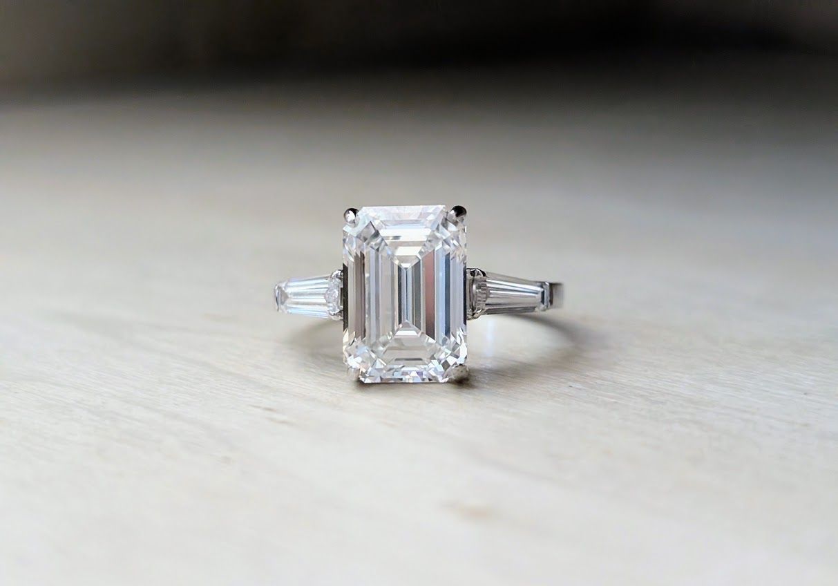 5.02 carat E, VVS2 Emerald Cut Baguette Accented Harry Winston Inspired Diamond Engagement Ring Size 6.75