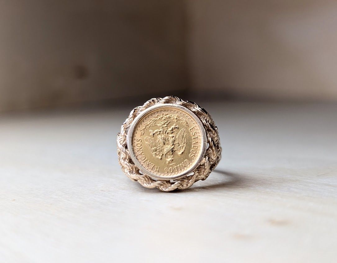 Solid Gold Authentic Dos Pesos Coin Signet Ring in 14k and 21.6k Gold Size 6.5