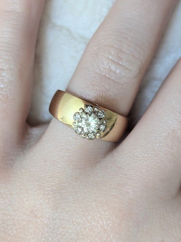 Authentic Vintage Cluster Diamond Natural Engagement Ring in Wide 14k Yellow Gold Band Size 7.75