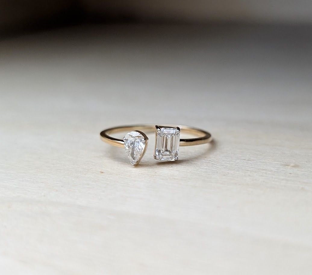 Toi et Moi Two Stone Pear and Emerald Cut Diamond Ring in 14k Yellow Gold Size 8