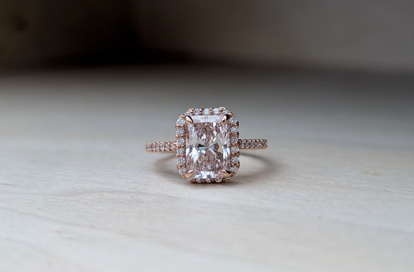 Fancy Vivid Pink Radiant Cut Halo Diamond Engagement Ring in 14k Rose Gold Size 7