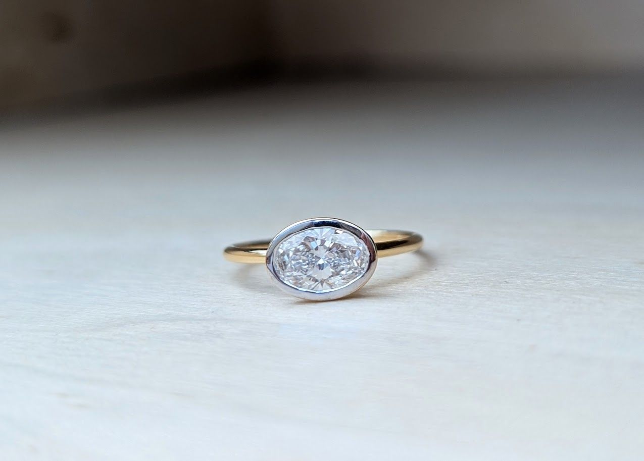 1 Carat Oval Set East-West in a Bezel Set Solitaire 14k Yellow Gold Size 6.5