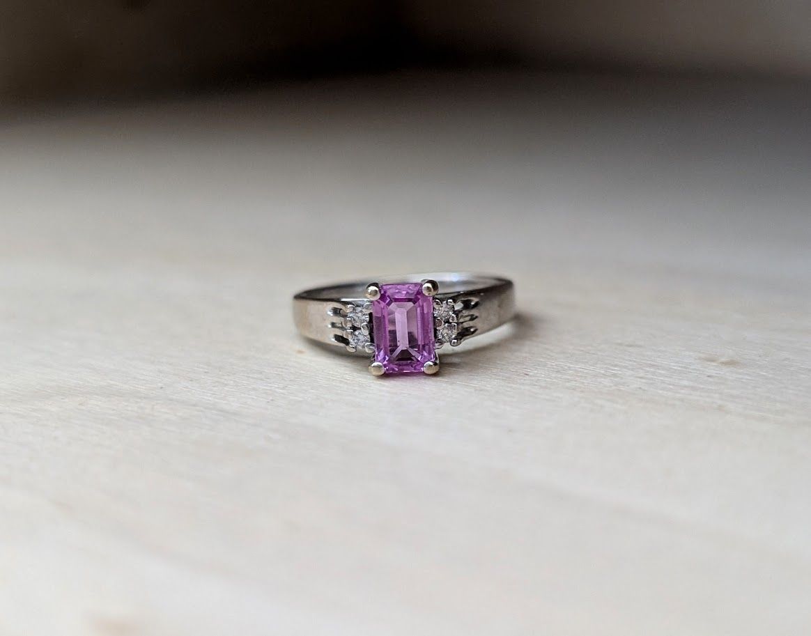 Natural Pink Sapphire and Diamond Accented Ring in 14k White Gold Size 4.25
