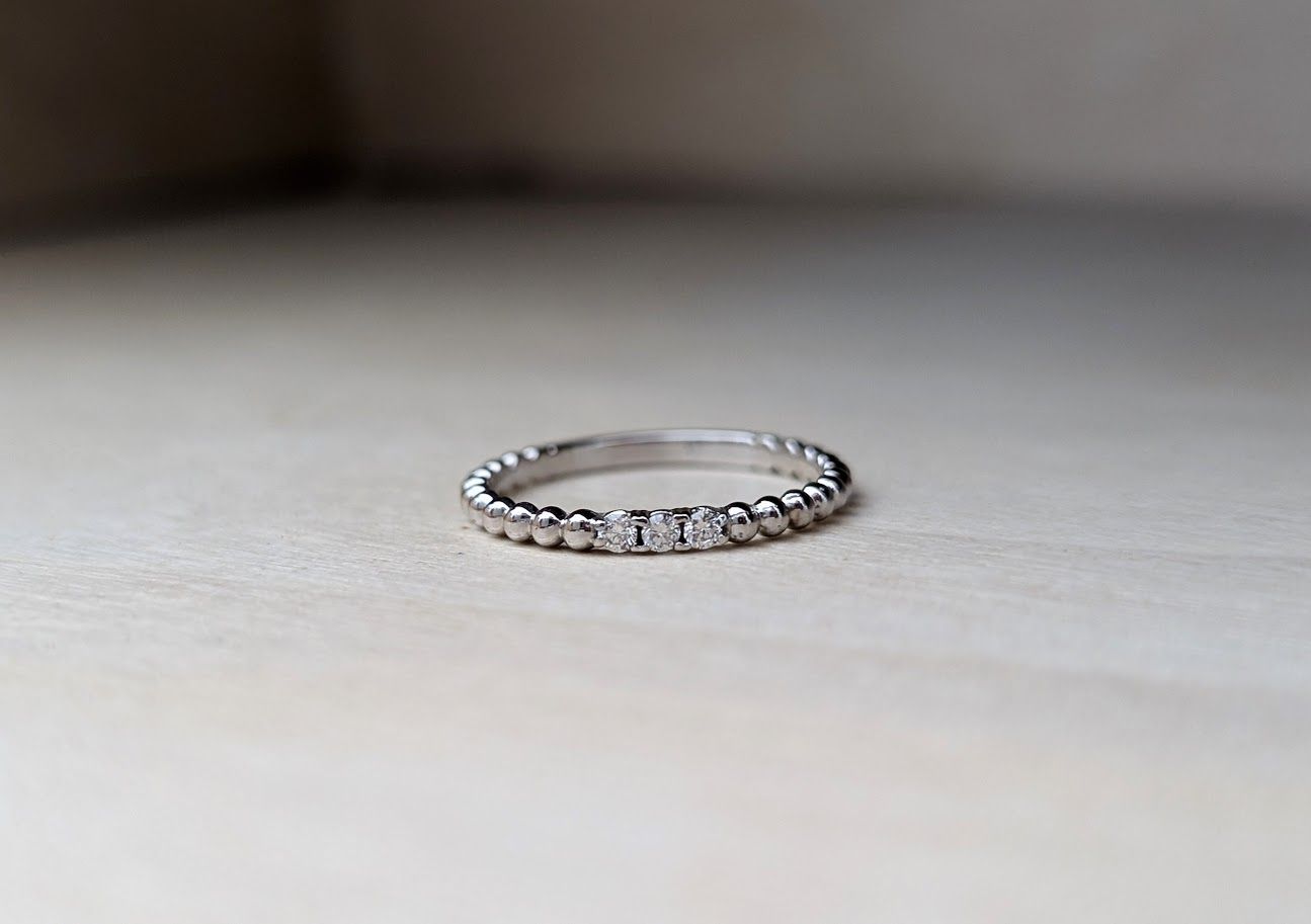 Diamond Accented Beaded Stacking Ring Wedding Band in 14k White Gold