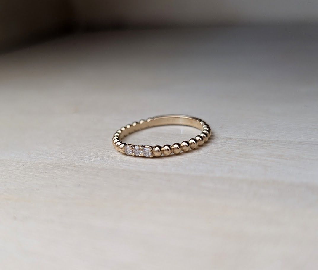 Diamond Accented Beaded Stacking Ring Wedding Band in 14k Yellow Gold