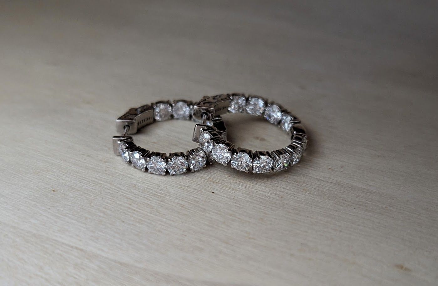 4.45 Carat Lab Diamond Hoop Earrings in 14k White Gold Inside Out Design with Vault Lock