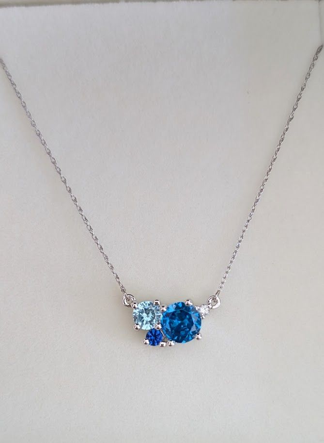 Blue Gemstone and Diamond Cluster Necklace in 14k White Gold