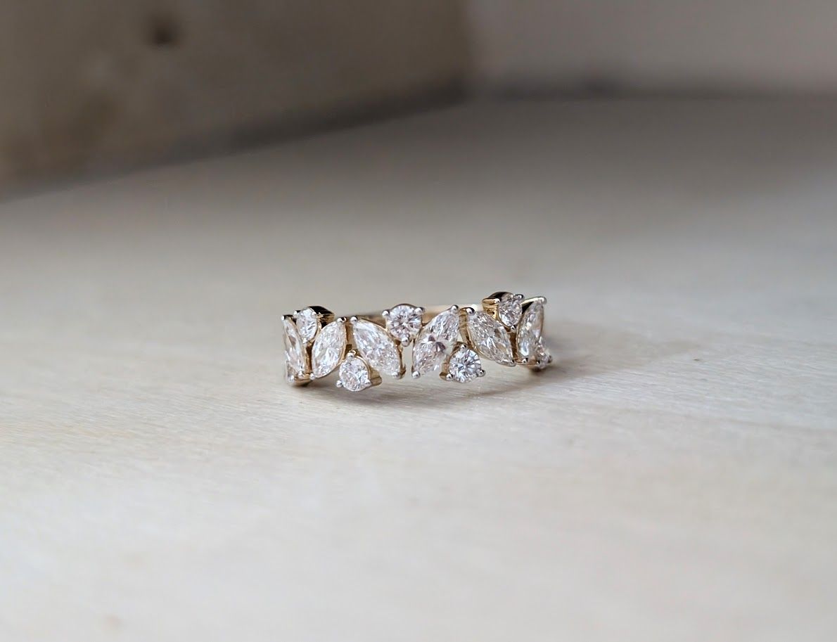 Marquise and Round Diamond Band 14k Yellow Gold Size 7