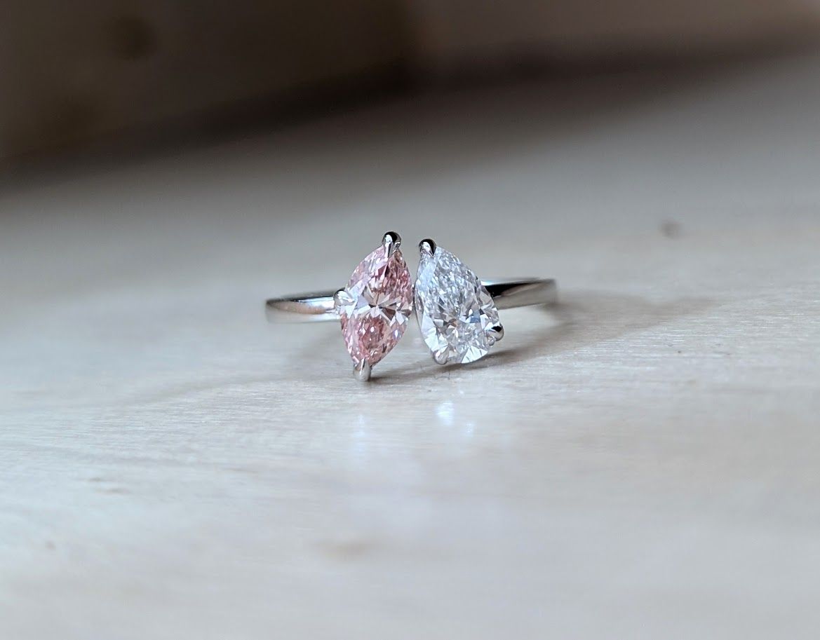 1.19 Ct Toi et Moi Two Stone Pink Marquise and White Pear Diamond Ring in 14k White Gold Size 7