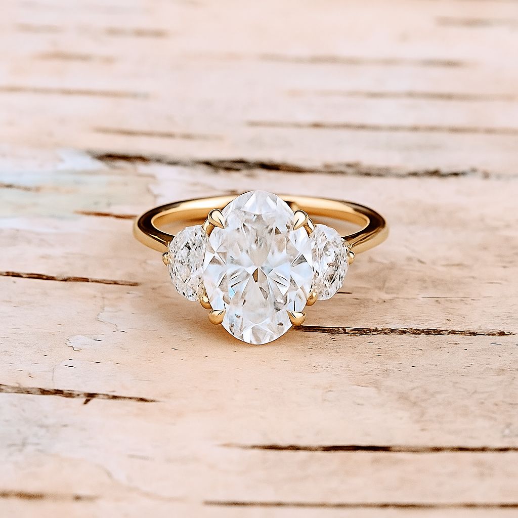 4.52 ct Oval with Half Moon Accent Diamonds in 14k Yellow Gold Size 7