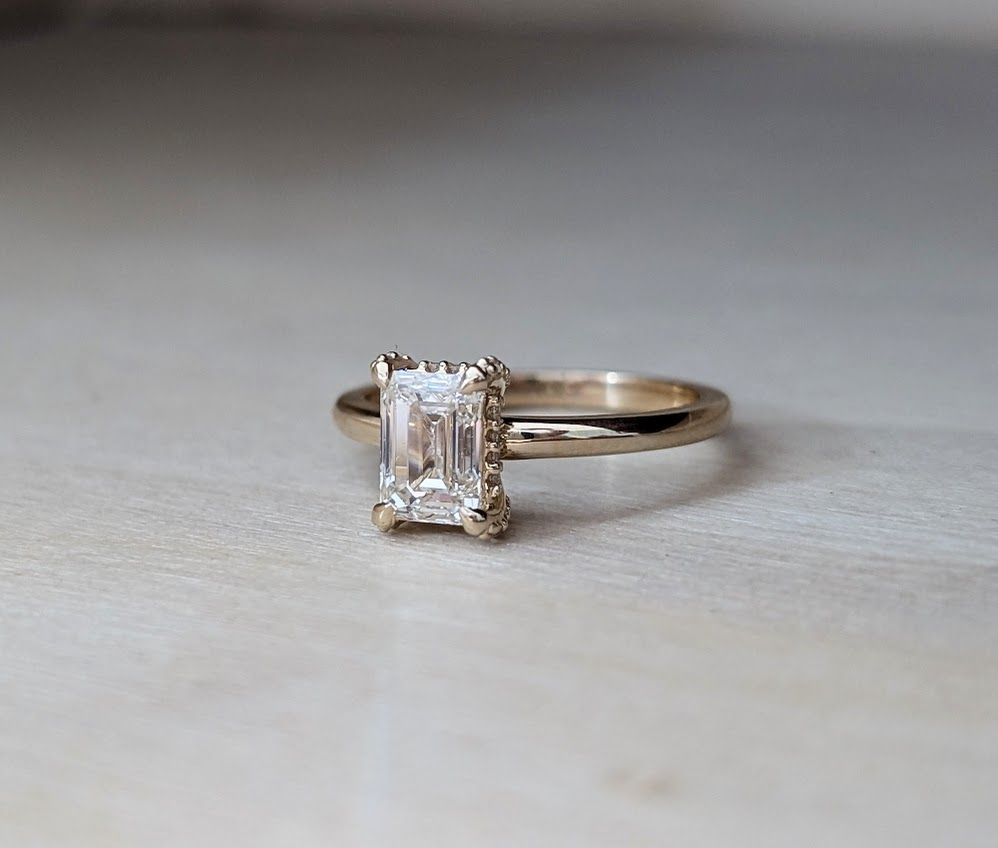 1.23 ct GIA Certified Natural VS2, G Emerald Cut in 14k Yellow Gold Hidden Halo Crown Size 6.75