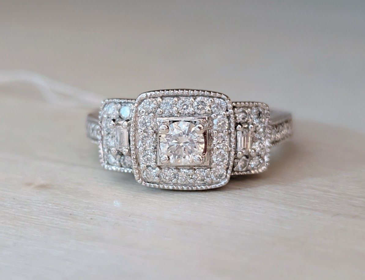 All Natural Vera Wang 3 Stone Diamond Ring in 14k White Gold Size 7