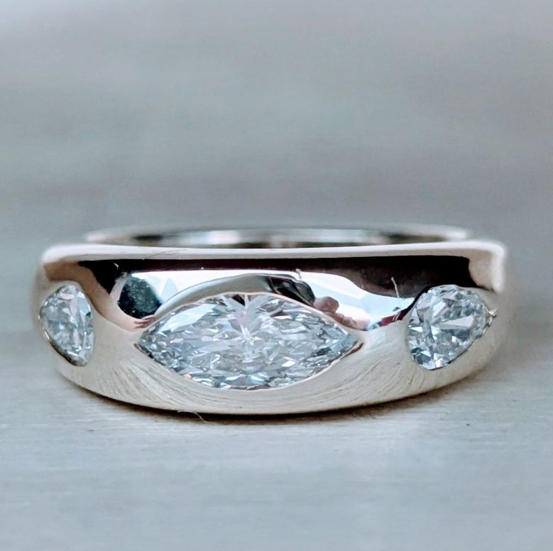 1.12 Carat Marquise and Pear 3 Stone Flush Set Band Yellow Gold