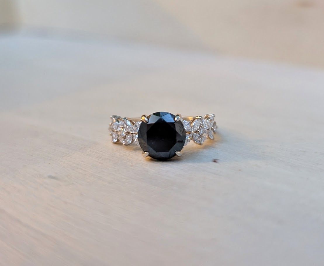 3 Carat Natural Black Diamond in 14k Yellow Gold Ring with Lab Grown Diamond Accents Size 7