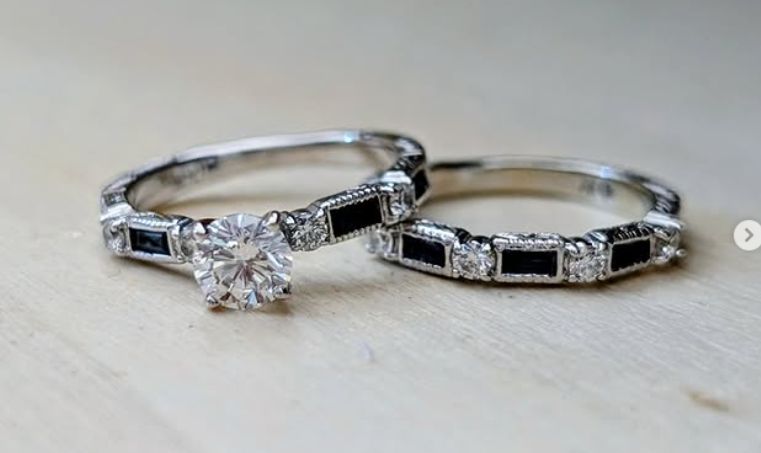GIA Certified Natural 0.50 Carat E, SI2 Sapphire and Diamond Wedding Set 18k White Gold Size 4.5