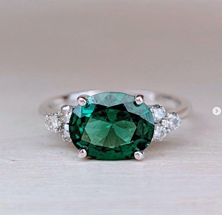 2.25 Carat East West Oval Cut Emerald Ring in White Gold Sz 7.75