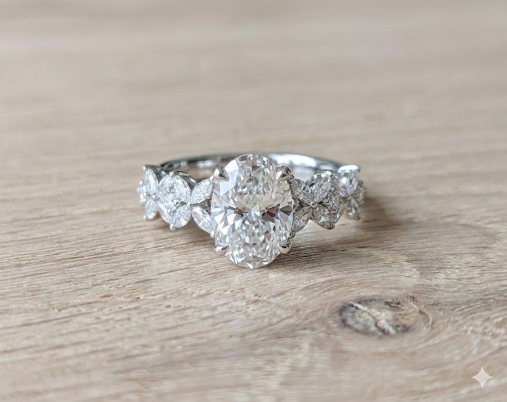 2.06 F, VS1 Oval Diamond in Marquise and Round Floral Design 14k White Gold Setting Size 7