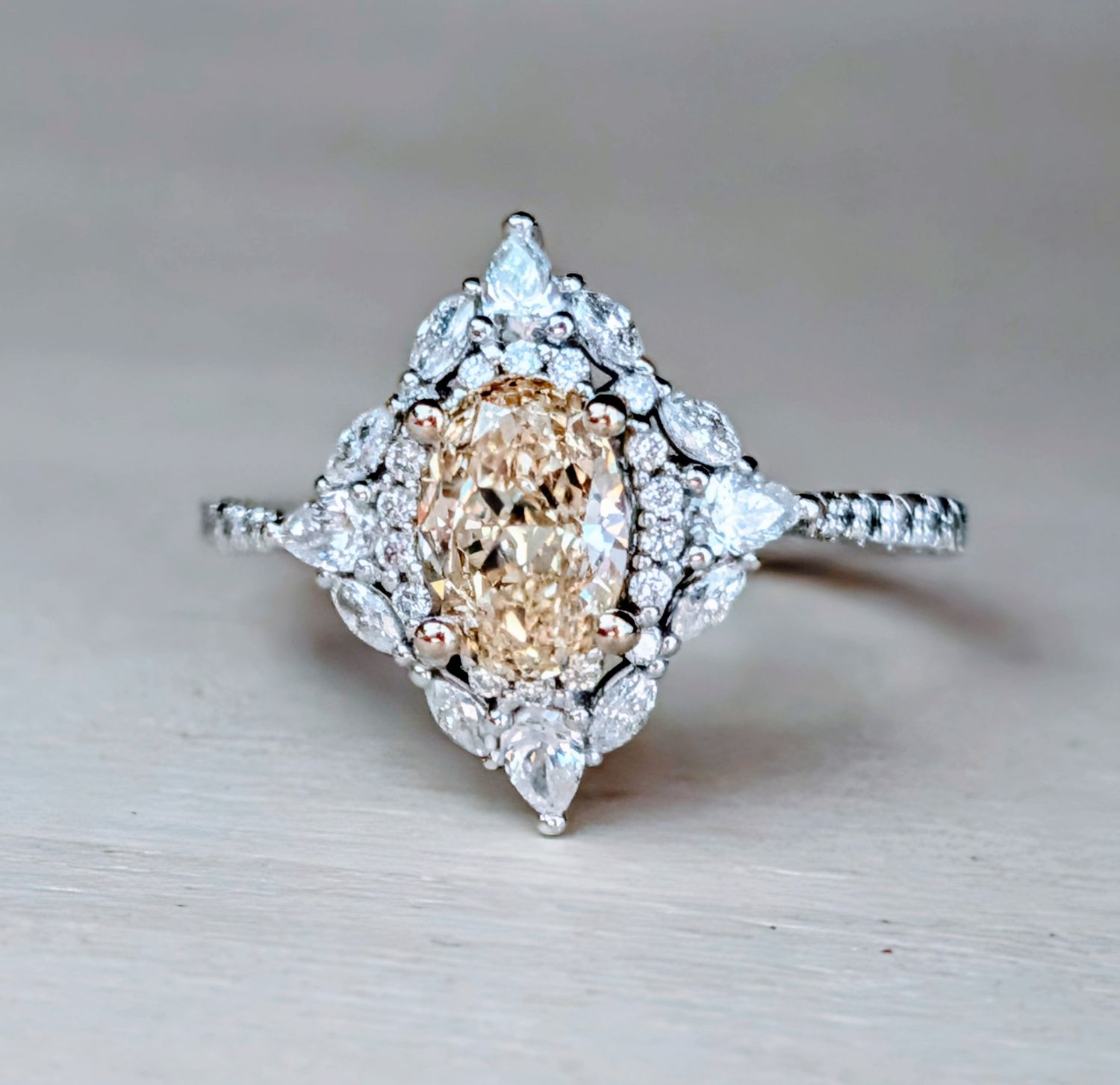 1.03 Carat Fancy Yellow Oval in Double Halo 14k White Gold Diamond Engagement Ring Size 6.75