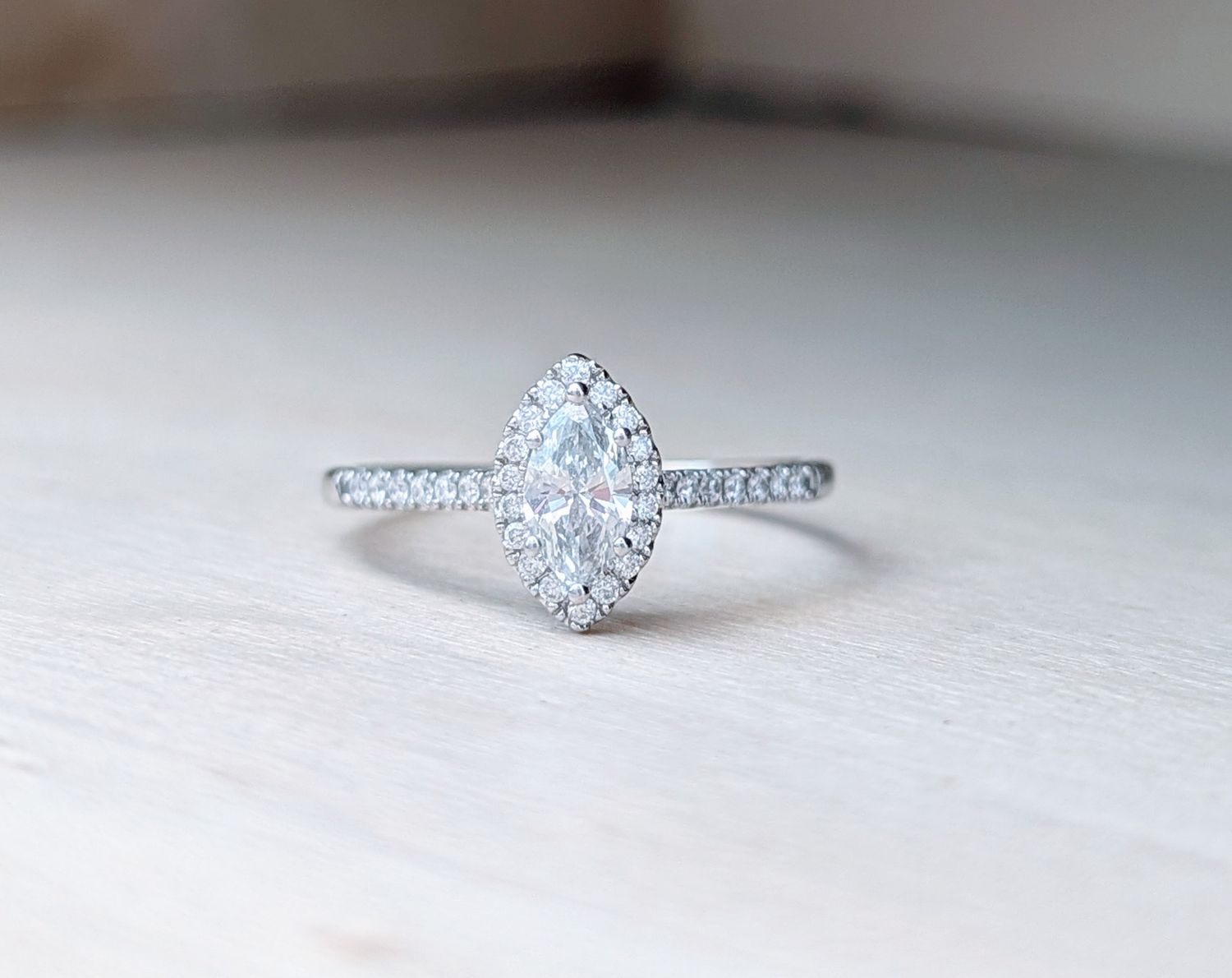 0.75 Carat Marquise Diamond Halo Engagement Ring in 14k White Gold