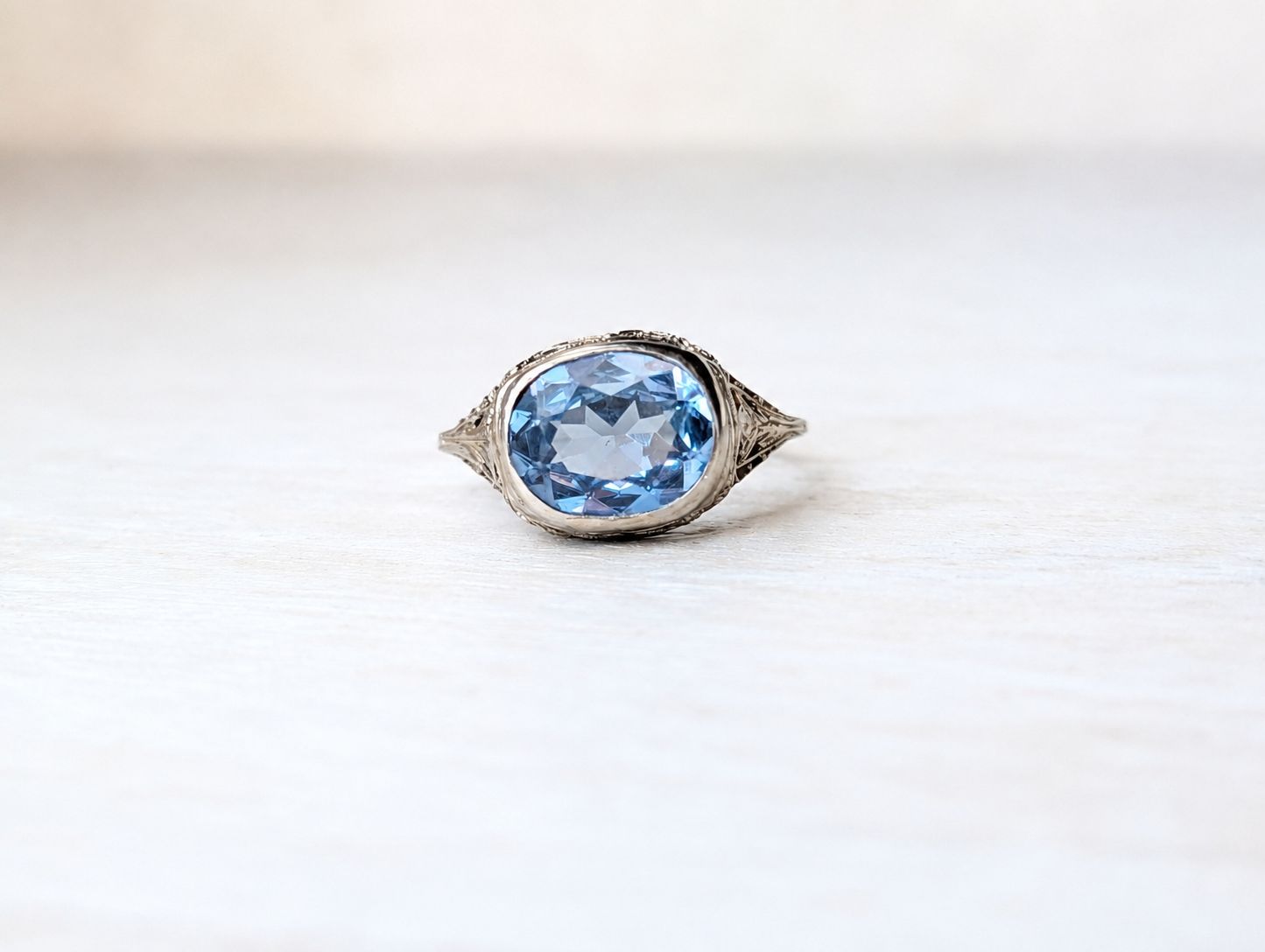 East West Oval Aquamarine in Vintage Edwardian 14k White Gold Setting Sz 5.5